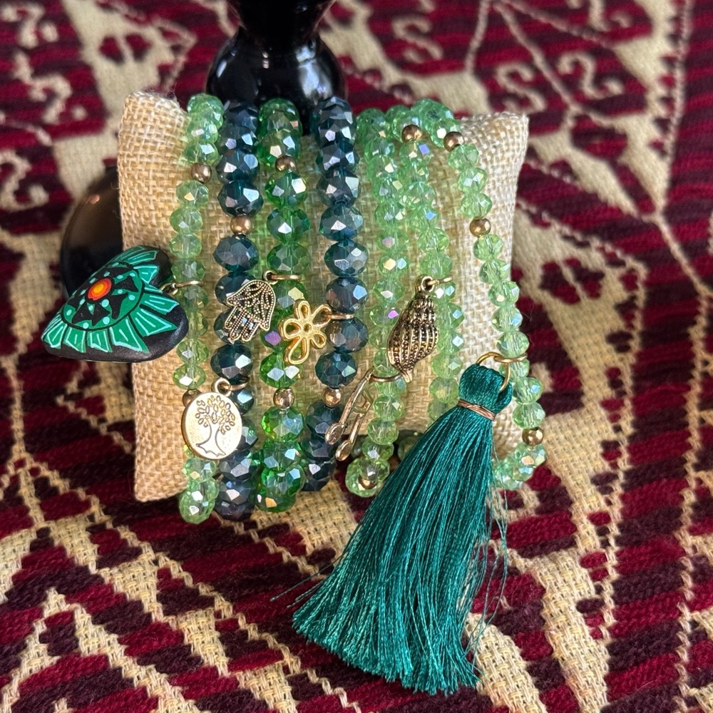 Handmade Green Beaded Semanario Bracelet Set 7 Day Mexican Artisan Gold Charm